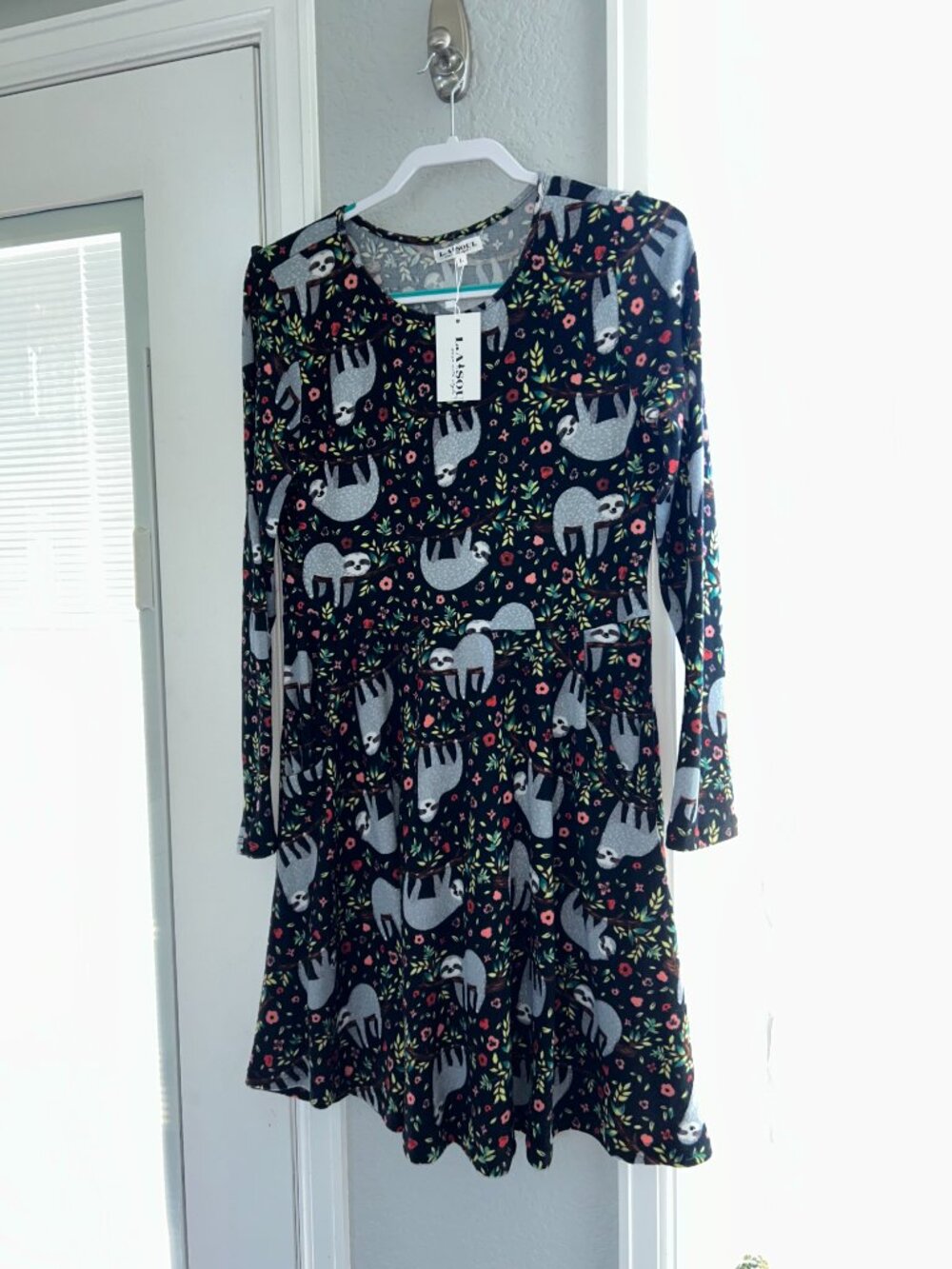 NWT LA SOUL Sloth Print Long Sleeve Fit & Flare Dress Size Large - Picture 3 of 5